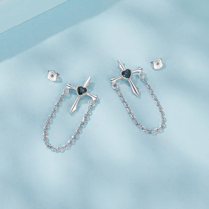 Rockyu ピアス レディース 925シルバー 十字架 チェーン 流蘇デザイン ハートモチーフ フープ 鏡面仕上げ