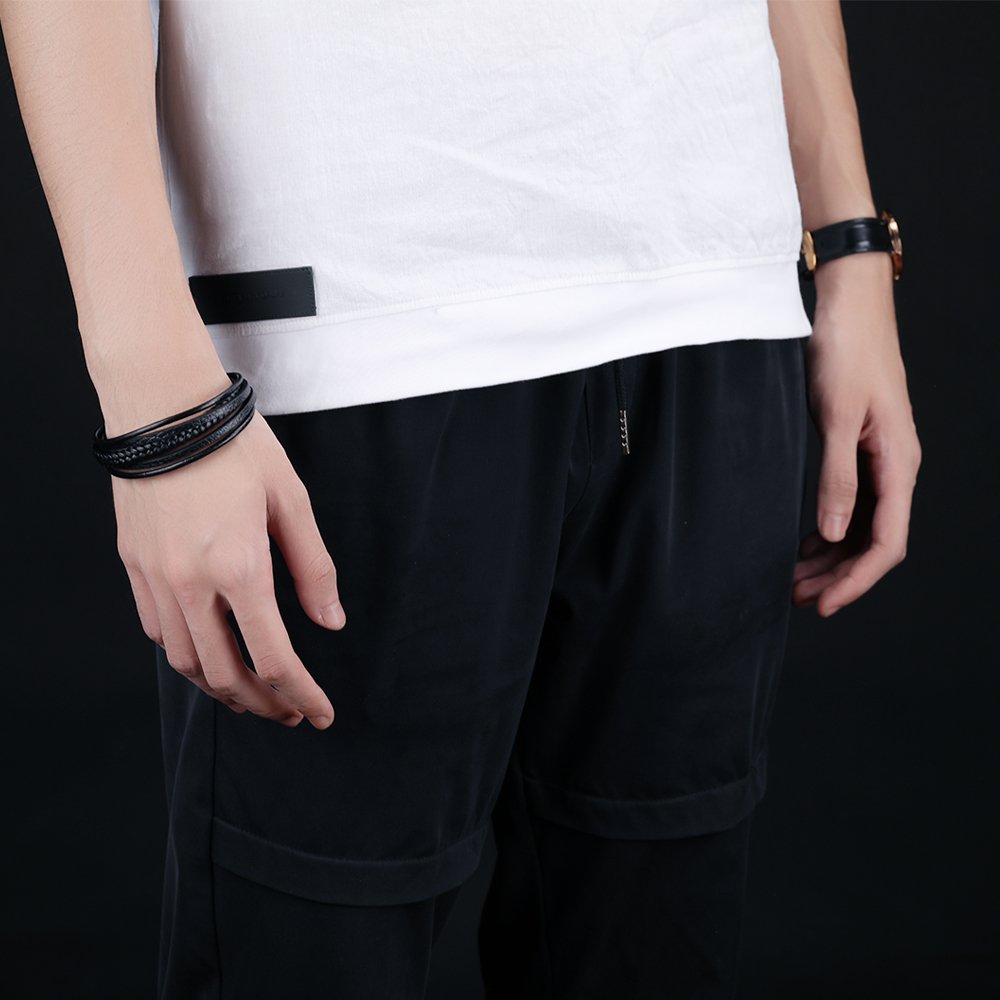 Rockyu 多連レザーブレスレット｜編み込み×PU革 メンズカジュアルバングル