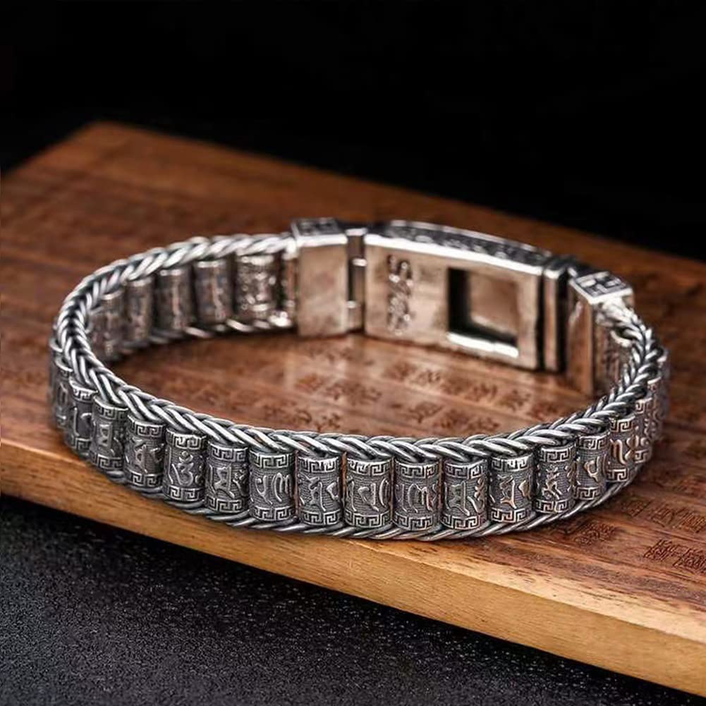 Rockyu 六字真言ローラーブレスレット メンズ シルバー