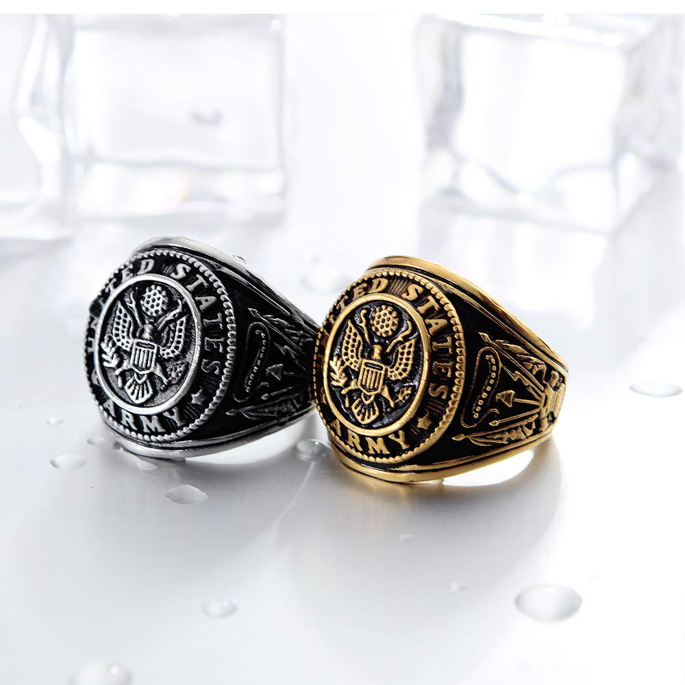 Rockyu メンズ チタン風ステンレスリング イーグル記章デザイン 重厚ゴールドリング