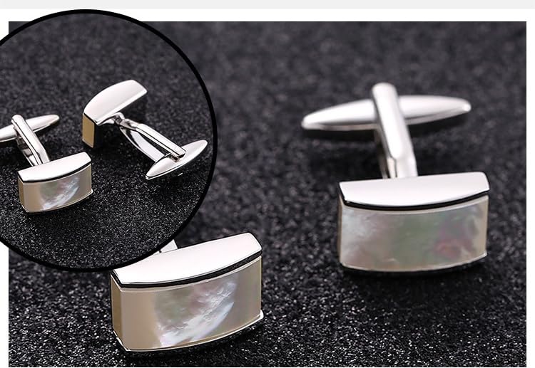 Rockyu カフス メンズ 白蝶貝 シルバー 長方形 貝殻カフリンクス ビジネス