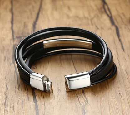 Rockyu ブレスレット メンズ ブラック レザー 多連 ステンレスプレート 金属アレルギー対応