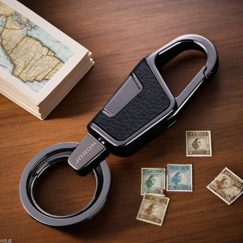 Rockyu キーホルダー メンズ レディース 車用キーリング レザー調 亜鉛合金製 ダブルリング シルバー ブラック ゴールド