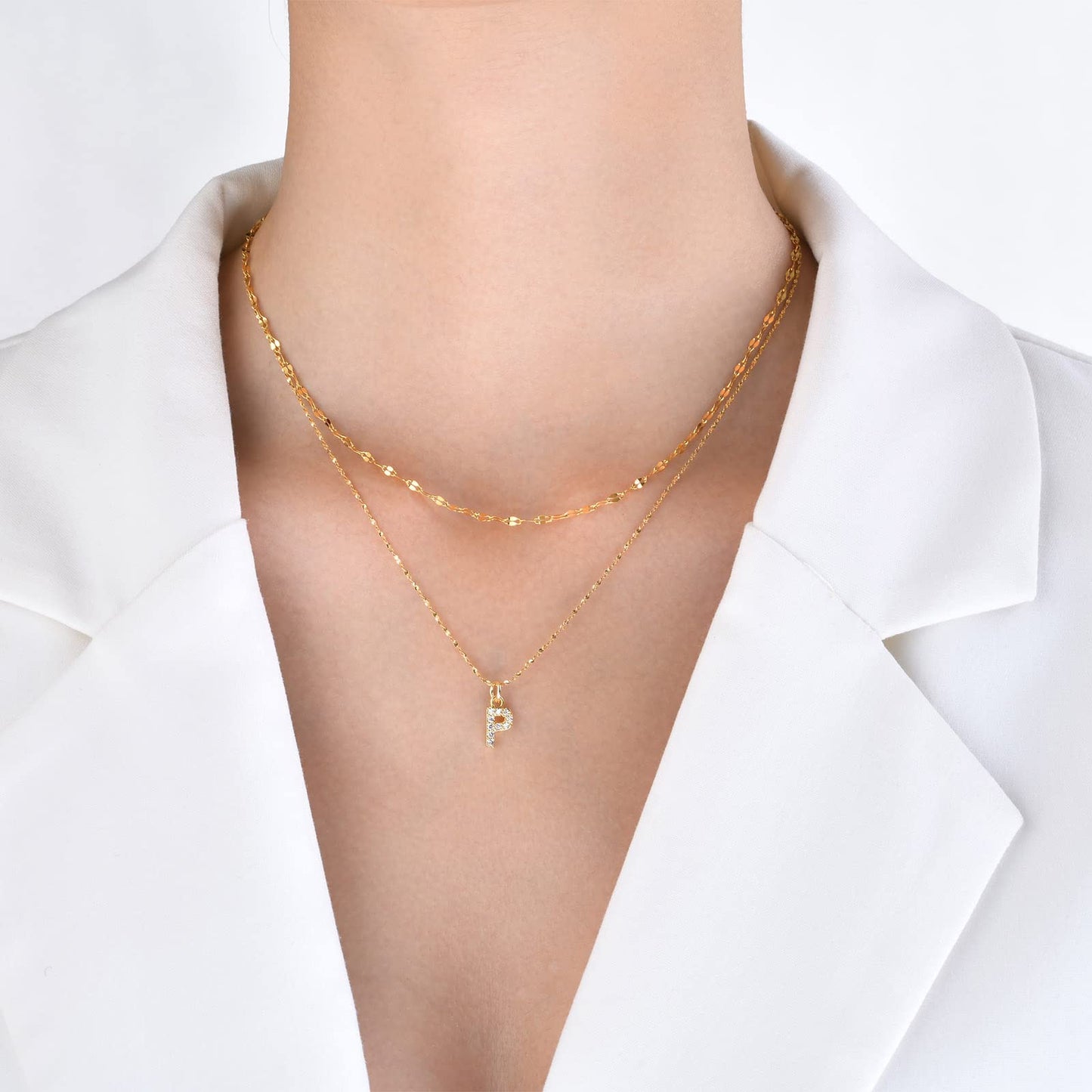 Rockyu イニシャルネックレス レディース ゴールド A〜Z 26文字 ジルコニア 二連チェーン ステンレス製 金属アレルギー対応