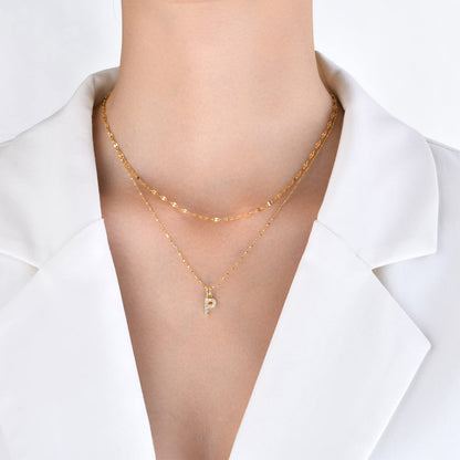 Rockyu イニシャルネックレス レディース ゴールド A〜Z 26文字 ジルコニア 二連チェーン ステンレス製 金属アレルギー対応