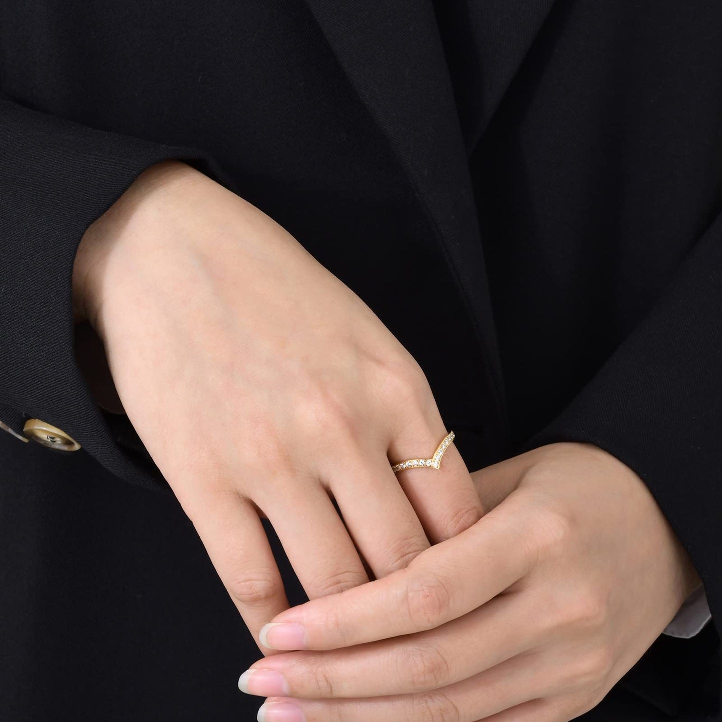 Rockyu レディース V字リング ステンレス AAA級CZ ジルコニア シルバー/ゴールド 金属アレルギー対応