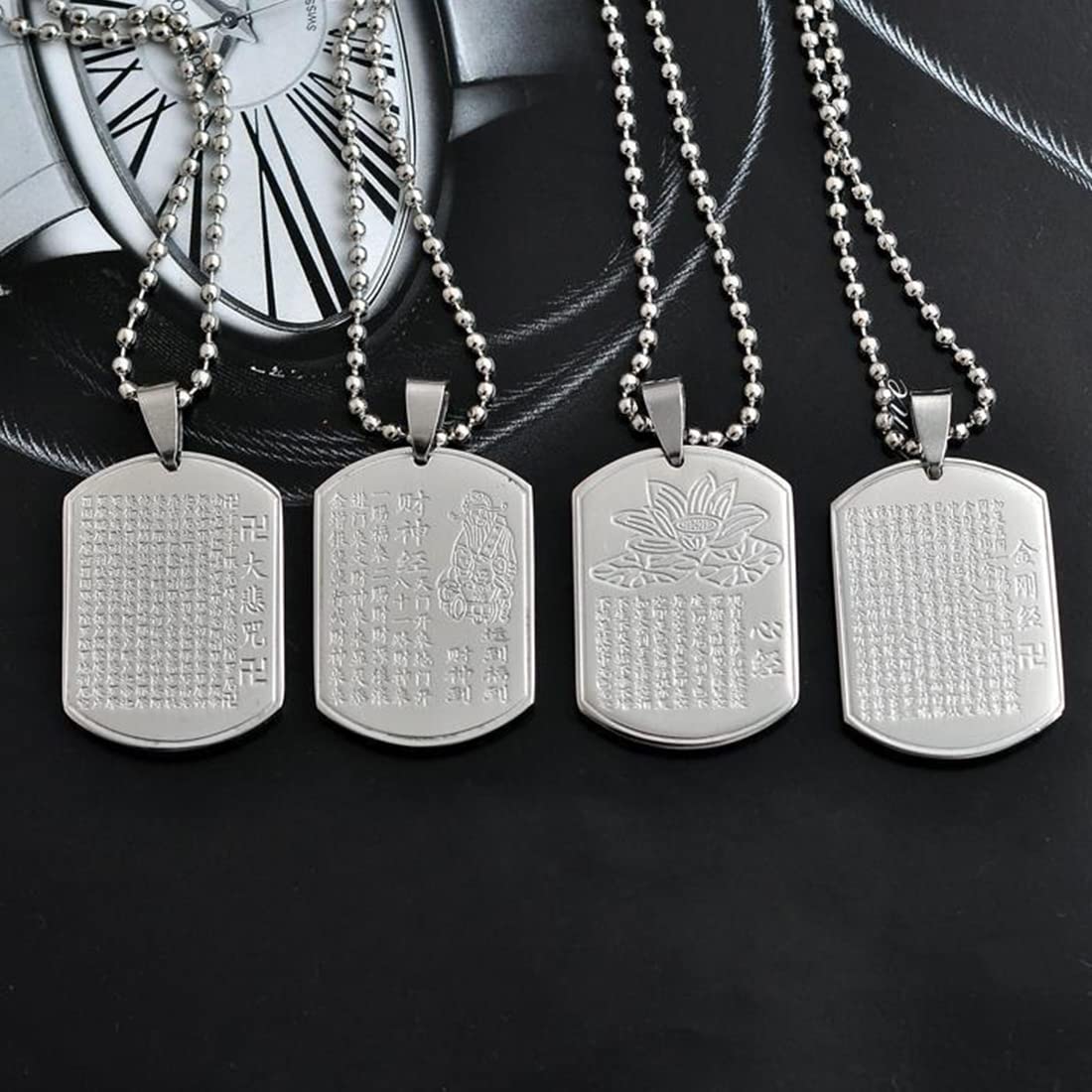 Rockyu ネックレス メンズ シルバー サージカルステンレス プレート 刻印 お守り 長方形ペンダント チェーン付き アクセサリー