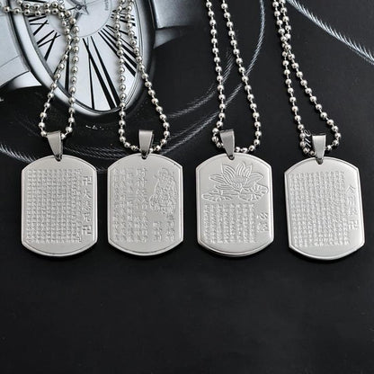 Rockyu ネックレス メンズ シルバー サージカルステンレス プレート 刻印 お守り 長方形ペンダント チェーン付き アクセサリー