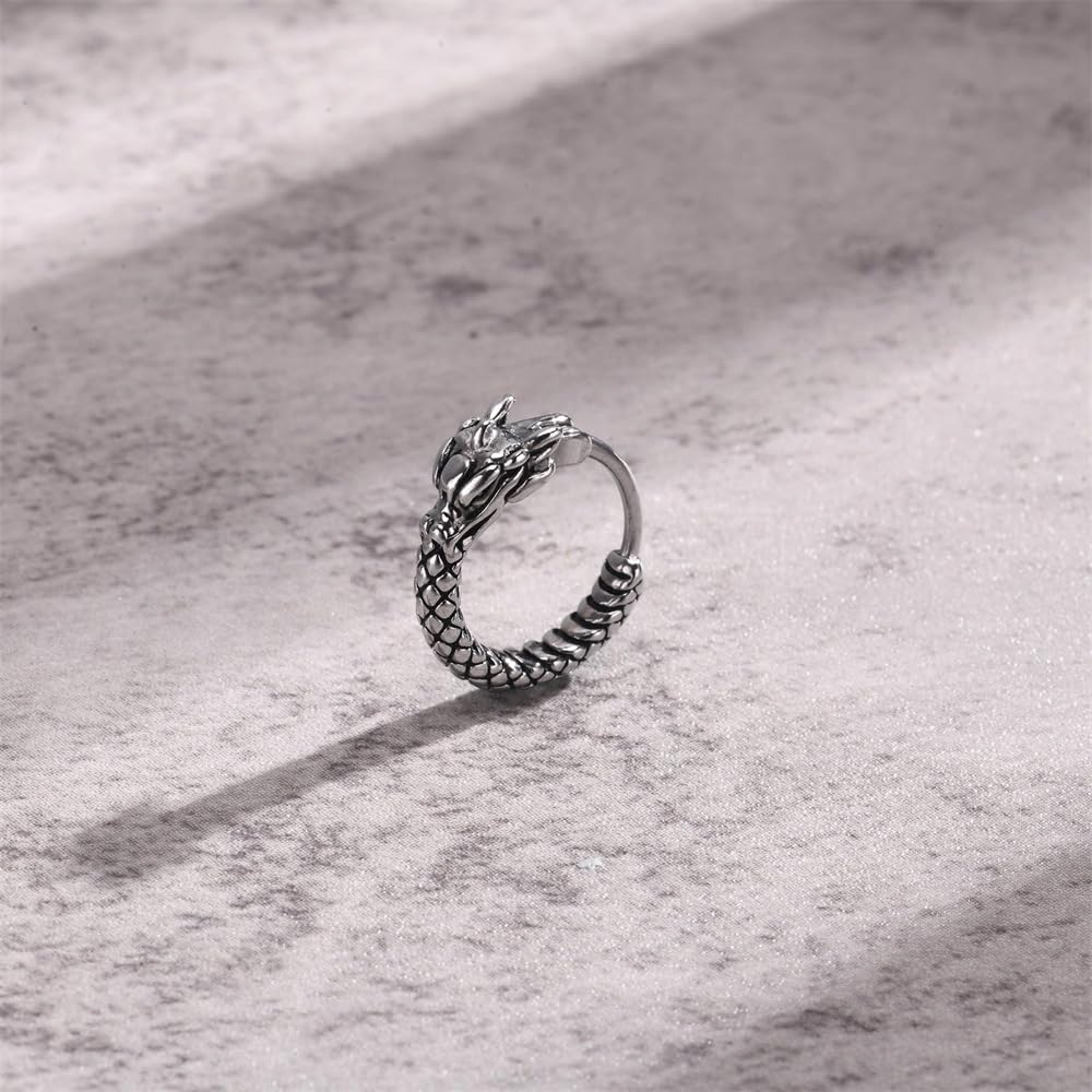 Rockyu ピアス メンズ 竜頭モチーフ フープ ステンレス シルバー 金属アレルギー対応 片耳用