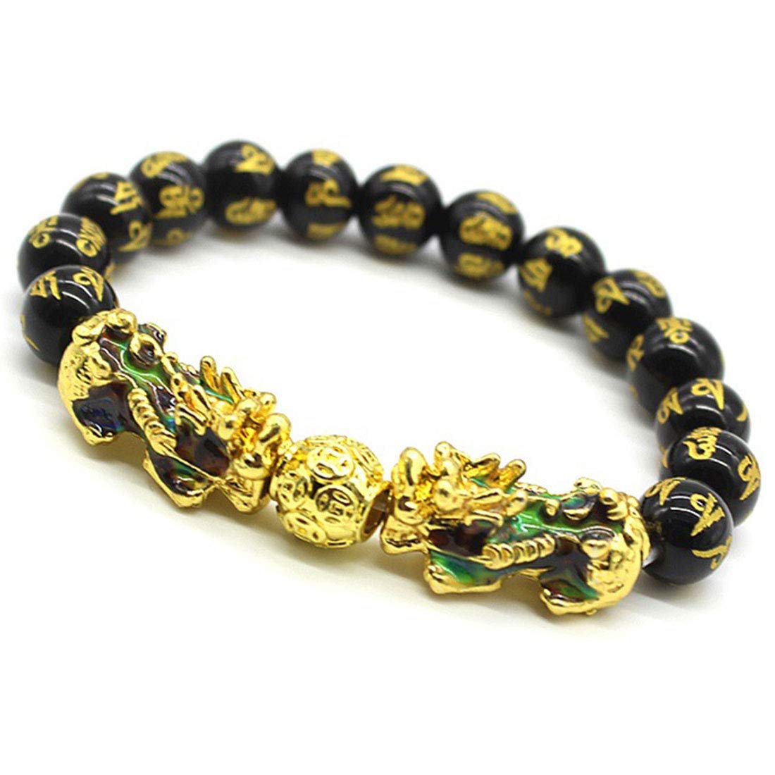 [Rockyu] 貔貅 六字真言バングル ブレスレット メンズ 18金メッキ おしゃれ ブラック 黒 数珠ブレスレット 御守 宗教風