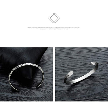 Rockyu C型ブレスレット メンズ ステンレス製 彫刻風 シルバーバングル ニューヨークスタイル