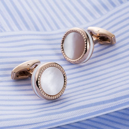 Rockyu メンズ 白蝶貝カフス ピンクゴールド ラウンドデザイン ステンレス製