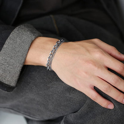 Rockyu メンズ 2連チェーンブレスレット シルバー ステンレス製 シンプルデザイン