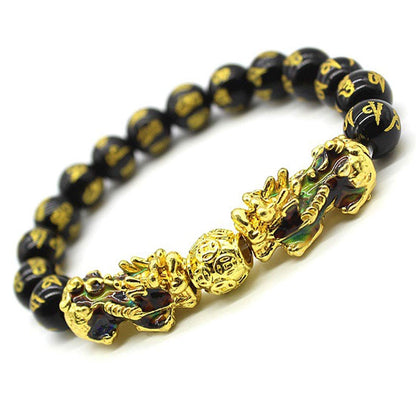 [Rockyu] 貔貅 六字真言バングル ブレスレット メンズ 18金メッキ おしゃれ ブラック 黒 数珠ブレスレット 御守 宗教風