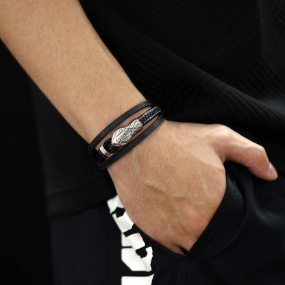 Rockyu メンズ レザーブレスレット スネークヘッドデザイン PU革 三連 ブラック