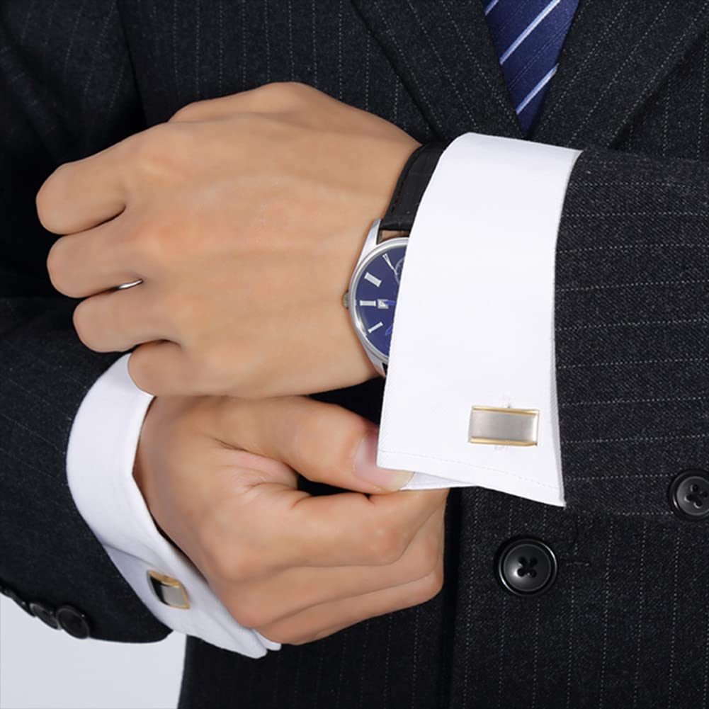 Rockyu カフスボタン メンズ おしゃれ 長方形 シルバー×ゴールド 二色 サテン加工 ビジネス 紳士カフリンクス