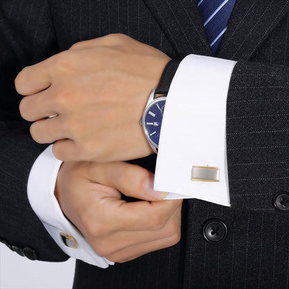 Rockyu カフスボタン メンズ おしゃれ 長方形 シルバー×ゴールド 二色 サテン加工 ビジネス 紳士カフリンクス