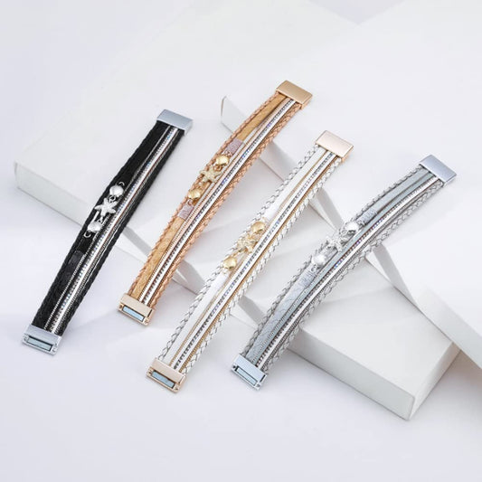 Rockyu ヒトデ＆貝殻モチーフ 多連レザーブレスレット レディース 夏 ハワイアン風