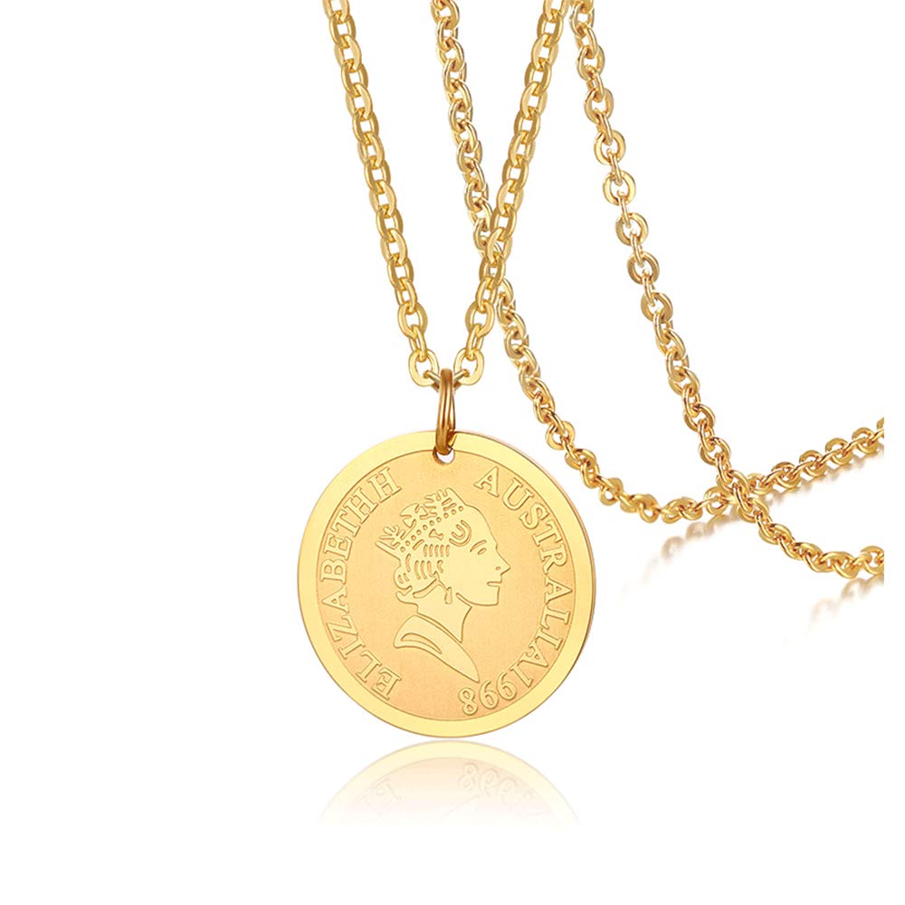 Rockyu ネックレス レディース ゴールド チタン コイン メダルペンダント エリザベス 鎖骨チェーン