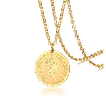 Rockyu ネックレス レディース ゴールド チタン コイン メダルペンダント エリザベス 鎖骨チェーン