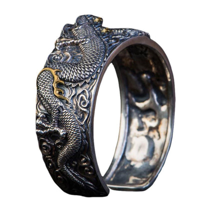 Rockyu 龍神シルバーリング メンズ レディース 太め 龍頭竜爪デザイン 開運お守りアクセサリー