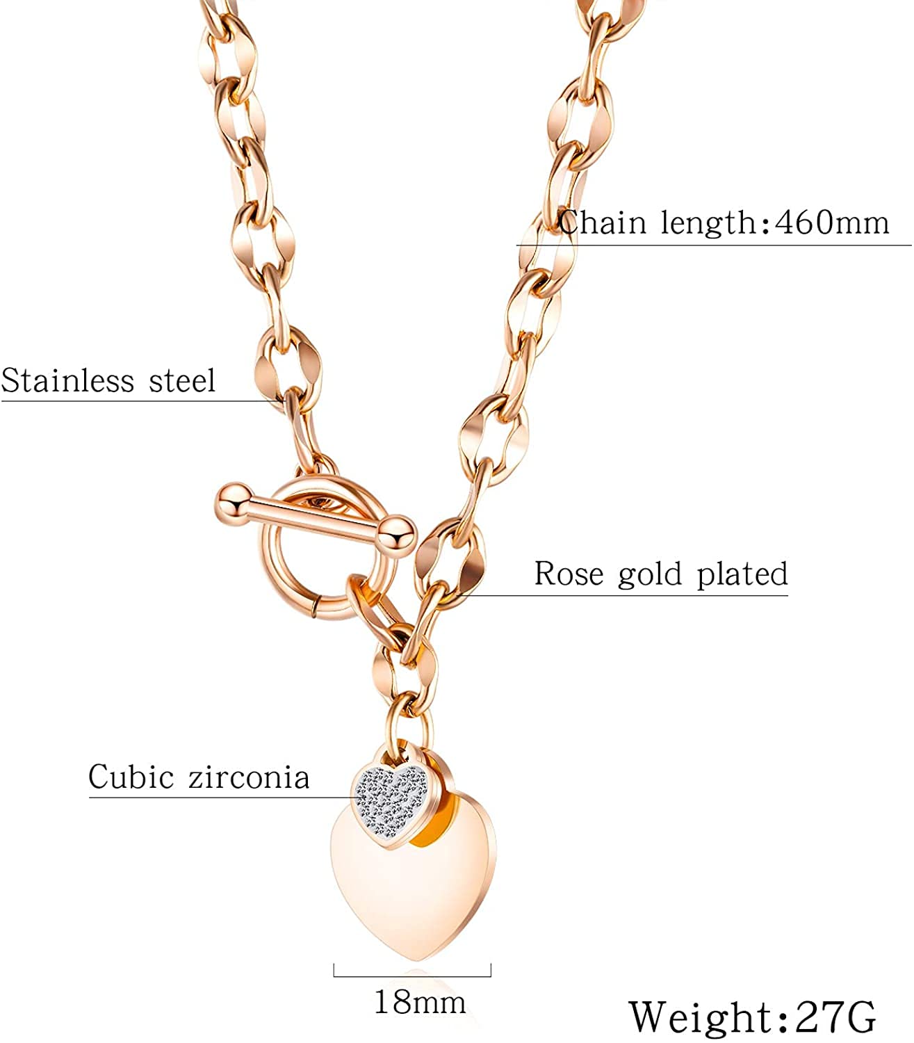 Rockyu レディースハートネックレス ジルコニアチャーム付きチェーンペンダント