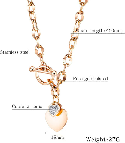 Rockyu レディースハートネックレス ジルコニアチャーム付きチェーンペンダント