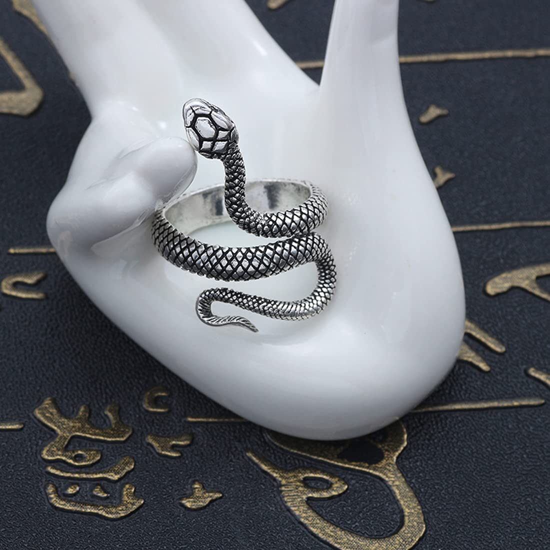 Rockyu 指輪 スネークデザイン フリーサイズ シルバー＆ブラック ステンレス製 男女兼用 お守りリング