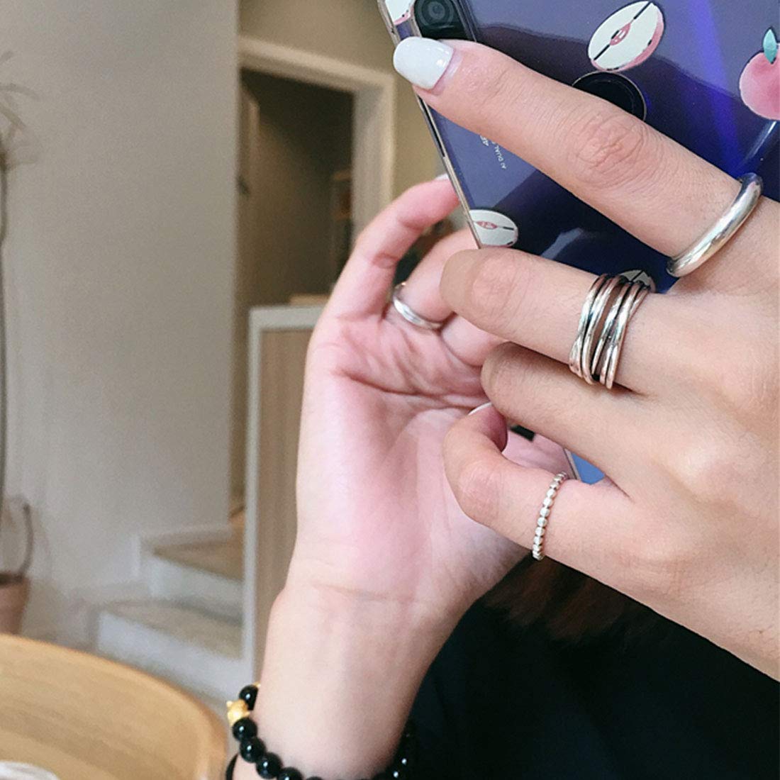 Rockyu レディース シルバー925 多連リング フリーサイズ 幅広デザイン