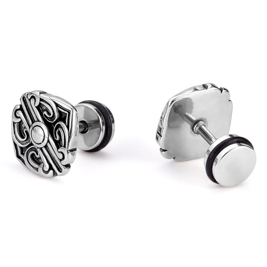 Rockyu ピアス メンズ ステンレス 片耳 四角モチーフ 彫刻風フラワーパターン ヴィンテージ調 アレルギー対応