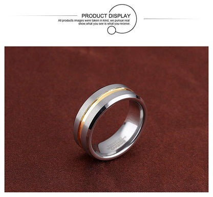 Rockyu メンズリング タングステン シルバー 8mm ヘアライン加工 マット質感 ゴールドライン入り指輪