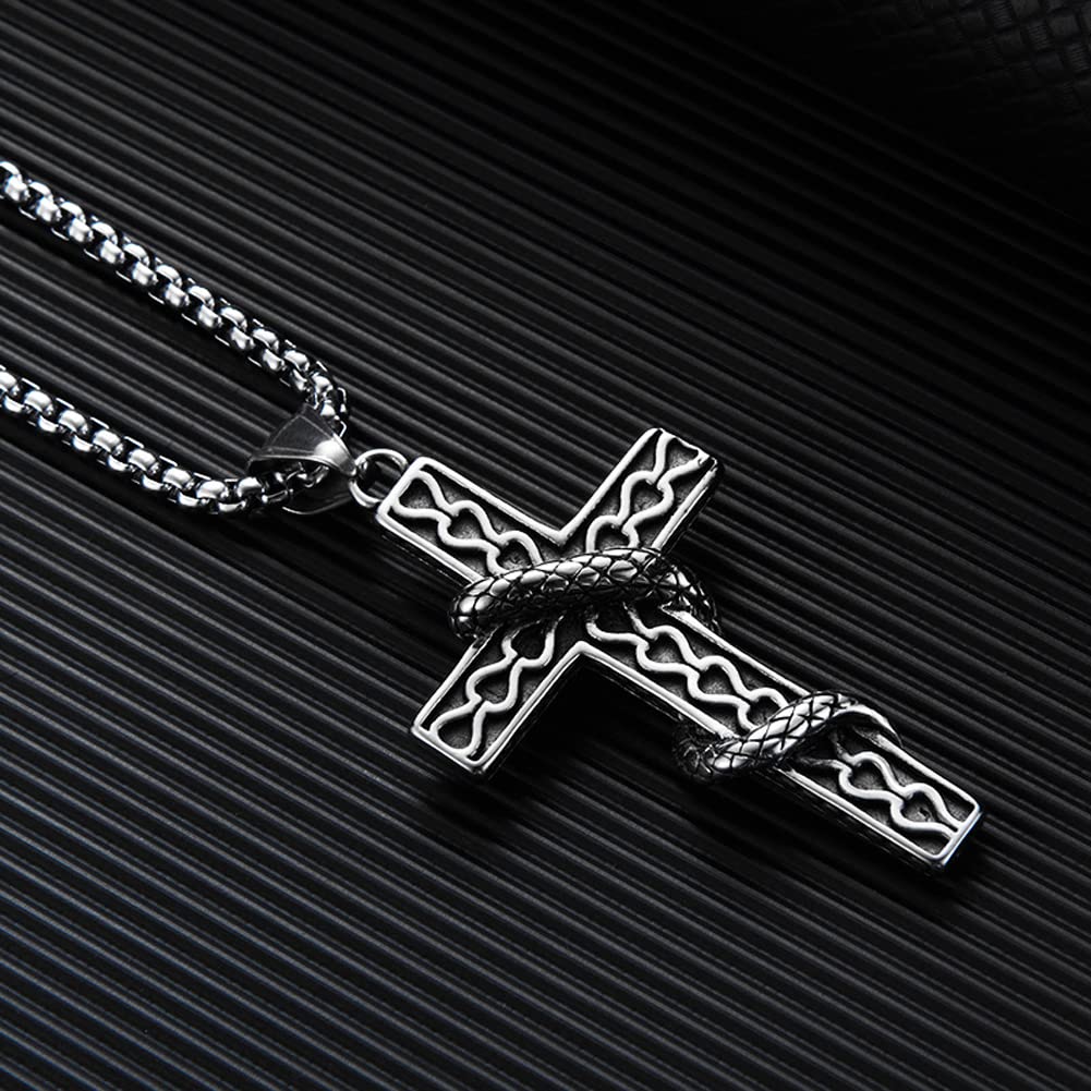 Rockyu 十字架-蛇ネックレス メンズ ステンレス製 アンティーククロス×スネークデザイン