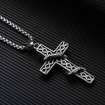 Rockyu 十字架-蛇ネックレス メンズ ステンレス製 アンティーククロス×スネークデザイン