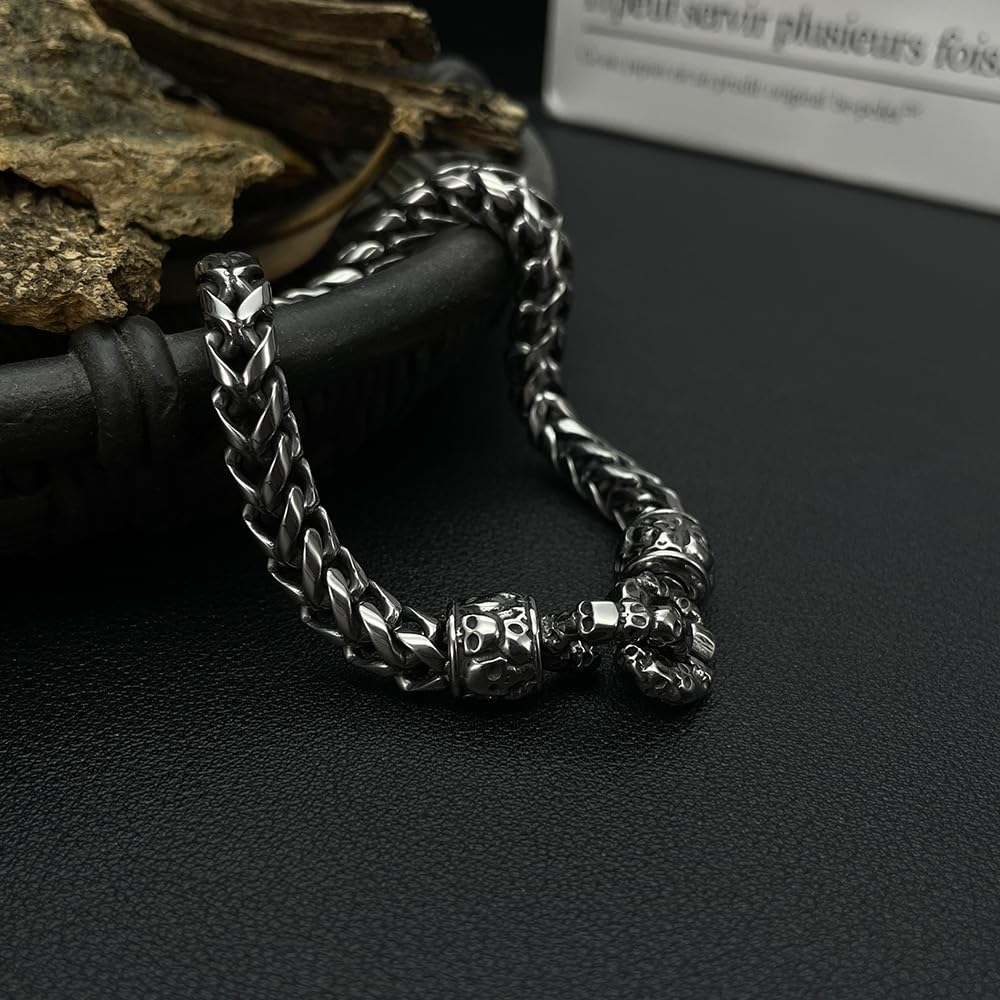 Rockyu ブレスレット メンズ シルバー スカルチェーン 髑髏モチーフ ステンレス 金属アレルギー対応