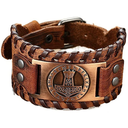 Rockyu ブレスレット メンズ レザー 幅広 ヴァイキング 雷神ハンマー記号 プレート ブラック＆ブラウン