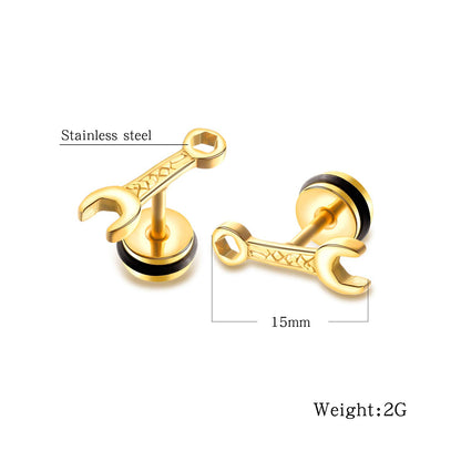 Rockyu メンズ スパナピアス ステンレス製 レンチモチーフ ブラック＆ゴールド 金属アレルギー対応