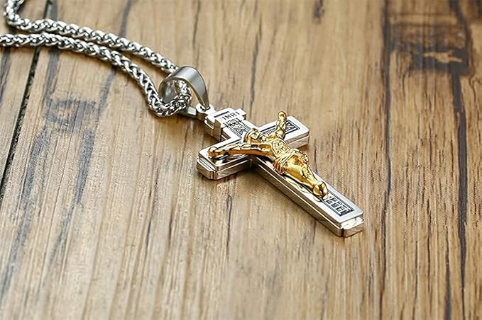 Rockyu ネックレス メンズ 十字架 ゴールド イエス クロスペンダント ステンレス製 宗教モチーフ