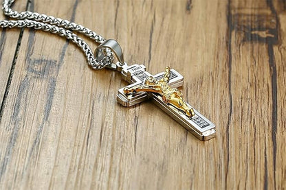 Rockyu ネックレス メンズ 十字架 ゴールド イエス クロスペンダント ステンレス製 宗教モチーフ