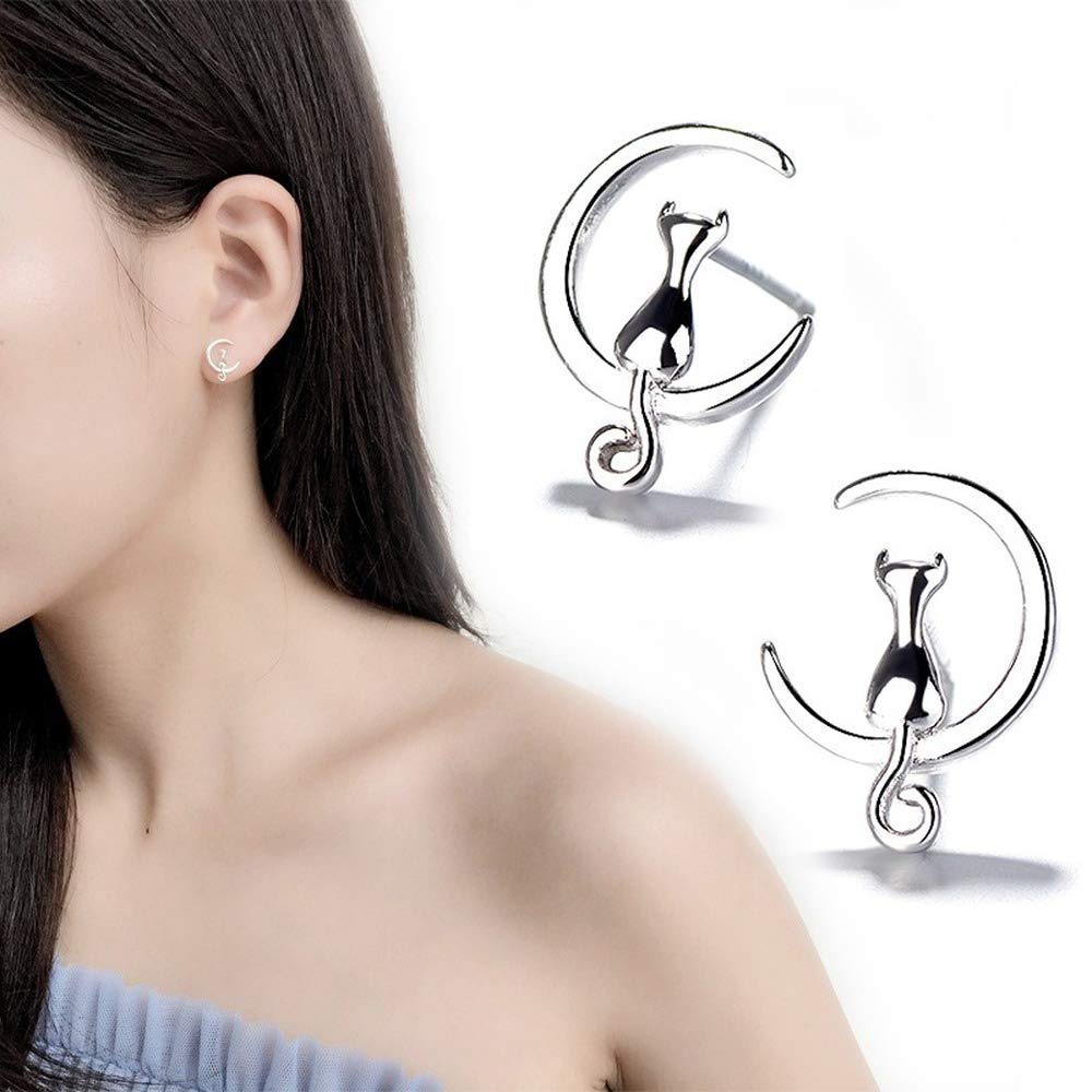 Rockyu レディース ピアス ネコ 三日月 シルバー スタッド 両耳セット 可愛い 小さい