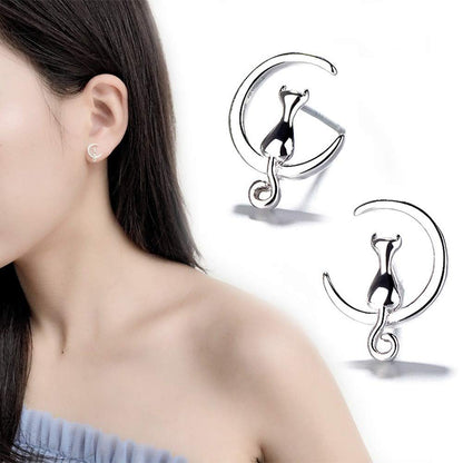 Rockyu レディース ピアス ネコ 三日月 シルバー スタッド 両耳セット 可愛い 小さい