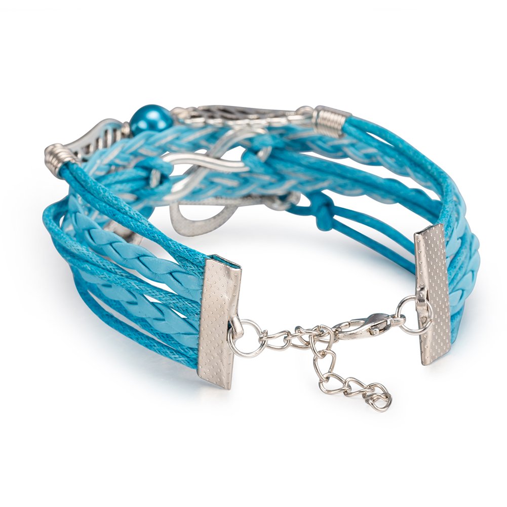 翼＆音符チャーム付き ターコイズ編みレザーブレスレット【多層スタイル】