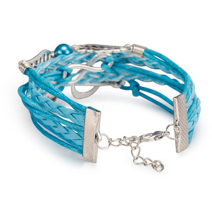 翼＆音符チャーム付き ターコイズ編みレザーブレスレット【多層スタイル】