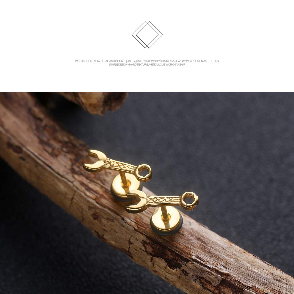 Rockyu メンズ スパナピアス ステンレス製 レンチモチーフ ブラック＆ゴールド 金属アレルギー対応