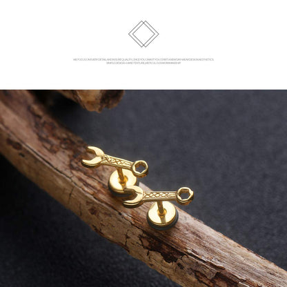 Rockyu メンズ スパナピアス ステンレス製 レンチモチーフ ブラック＆ゴールド 金属アレルギー対応