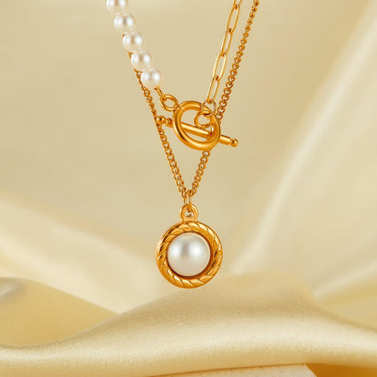 Rockyu パールネックレス レディース 2連 ゴールド ステンレス製 OTチェーン パールペンダント 調整可能 エレガント 結婚式 パーティー