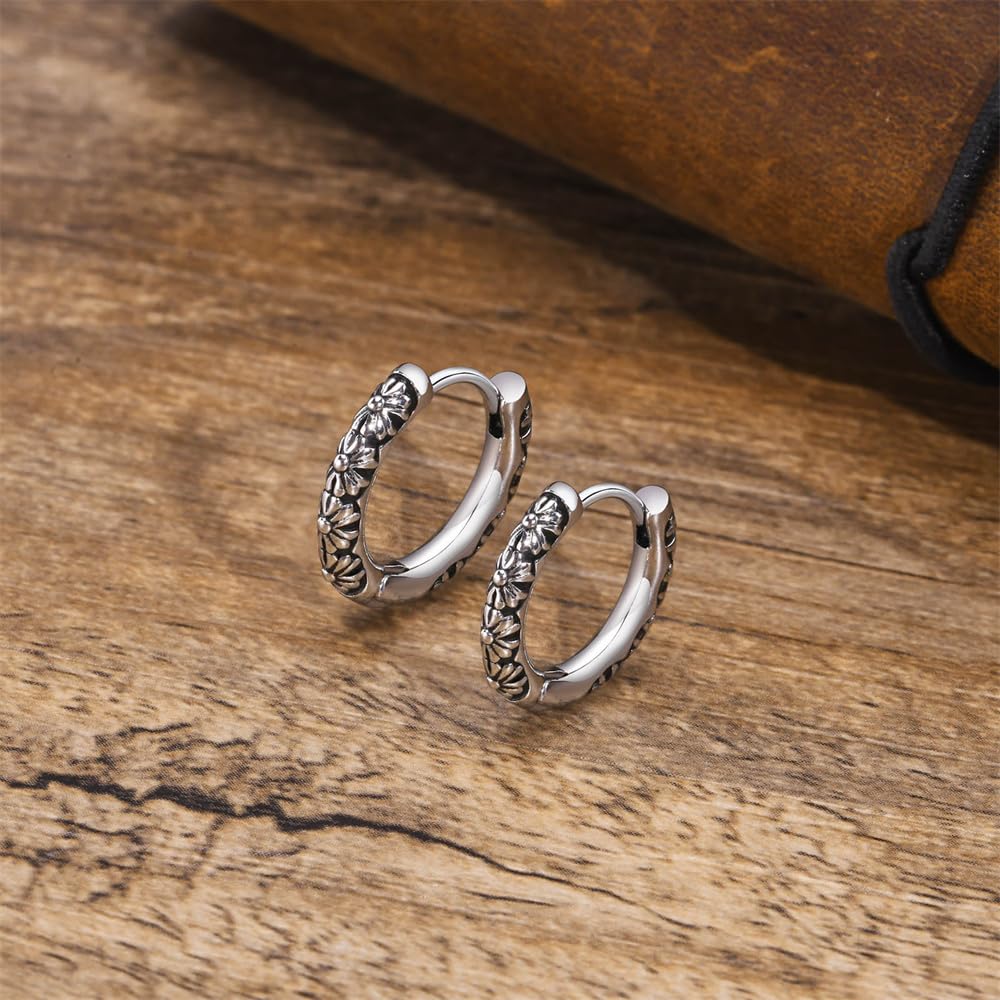 Rockyu メンズ フープピアス 雛菊モチーフ シルバー ステンレス 金属アレルギー対応 片耳用