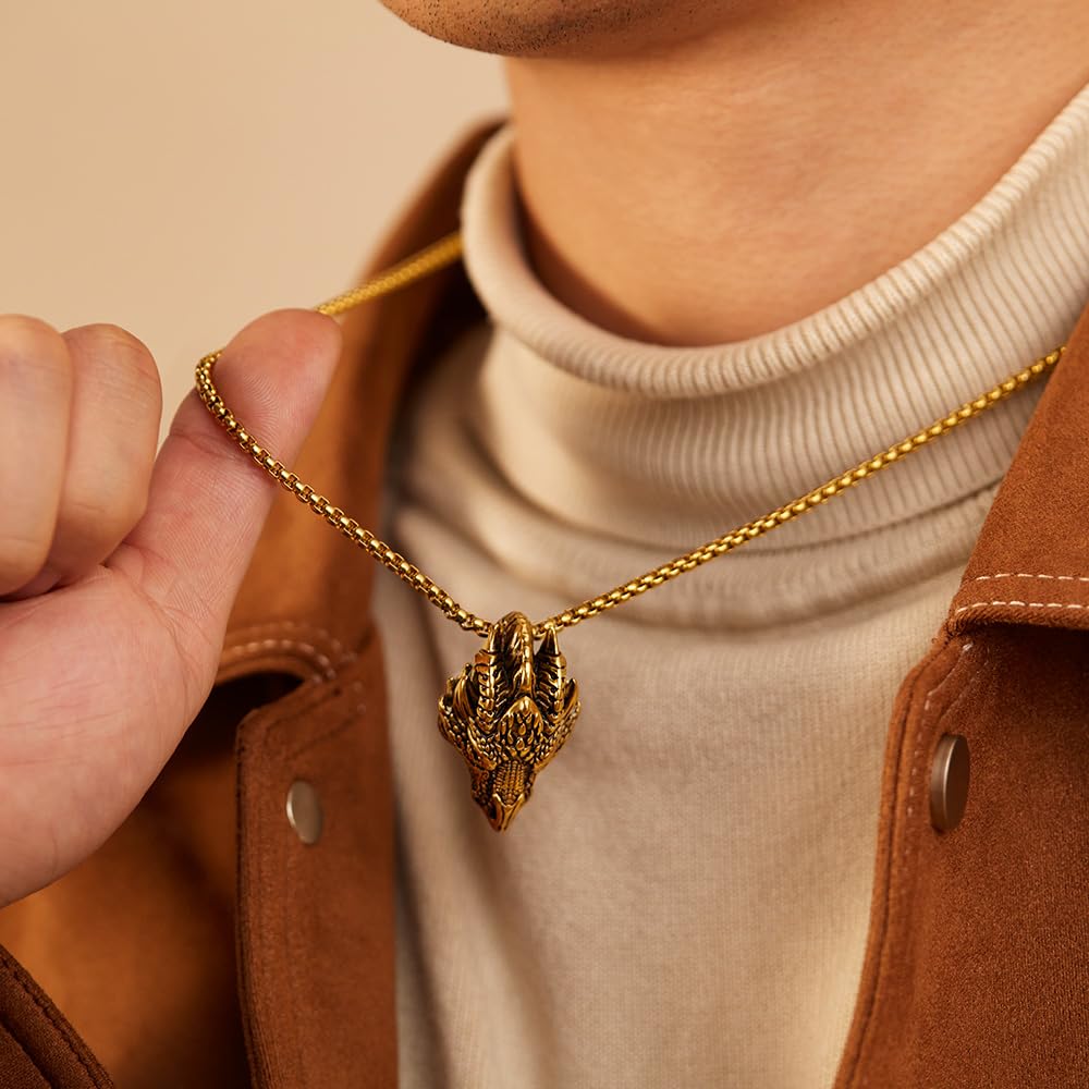 Rockyu ドラゴンヘッドネックレス ステンレス製 ロングチェーン