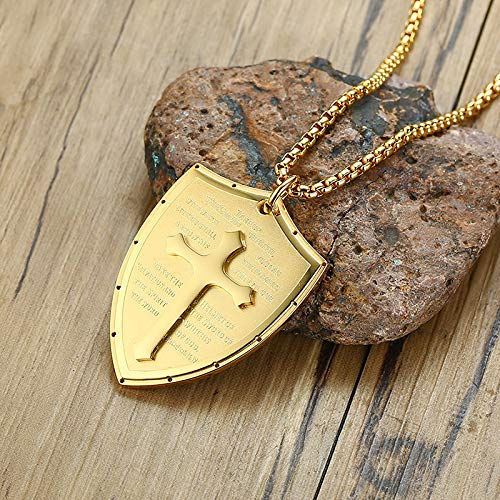 Rockyu シールドクロス ネックレス メンズ ステンレス 経文刻印 十字架ペンダント