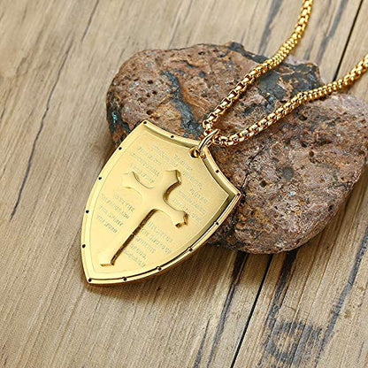 Rockyu シールドクロス ネックレス メンズ ステンレス 経文刻印 十字架ペンダント