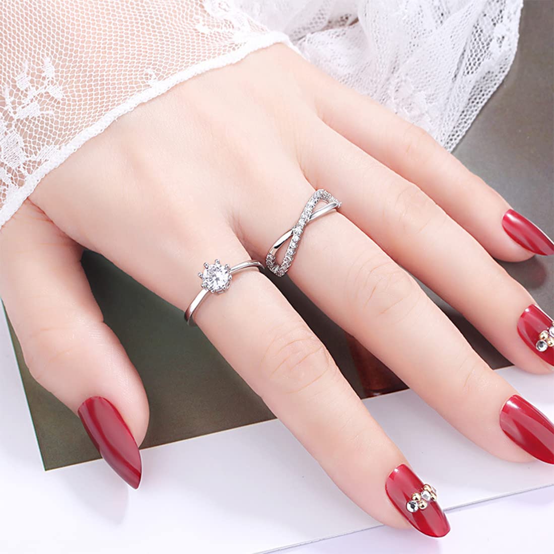 Rockyu 2連クロスリング ジルコニア装飾 フリーサイズ レディース指輪 幅広デザイン